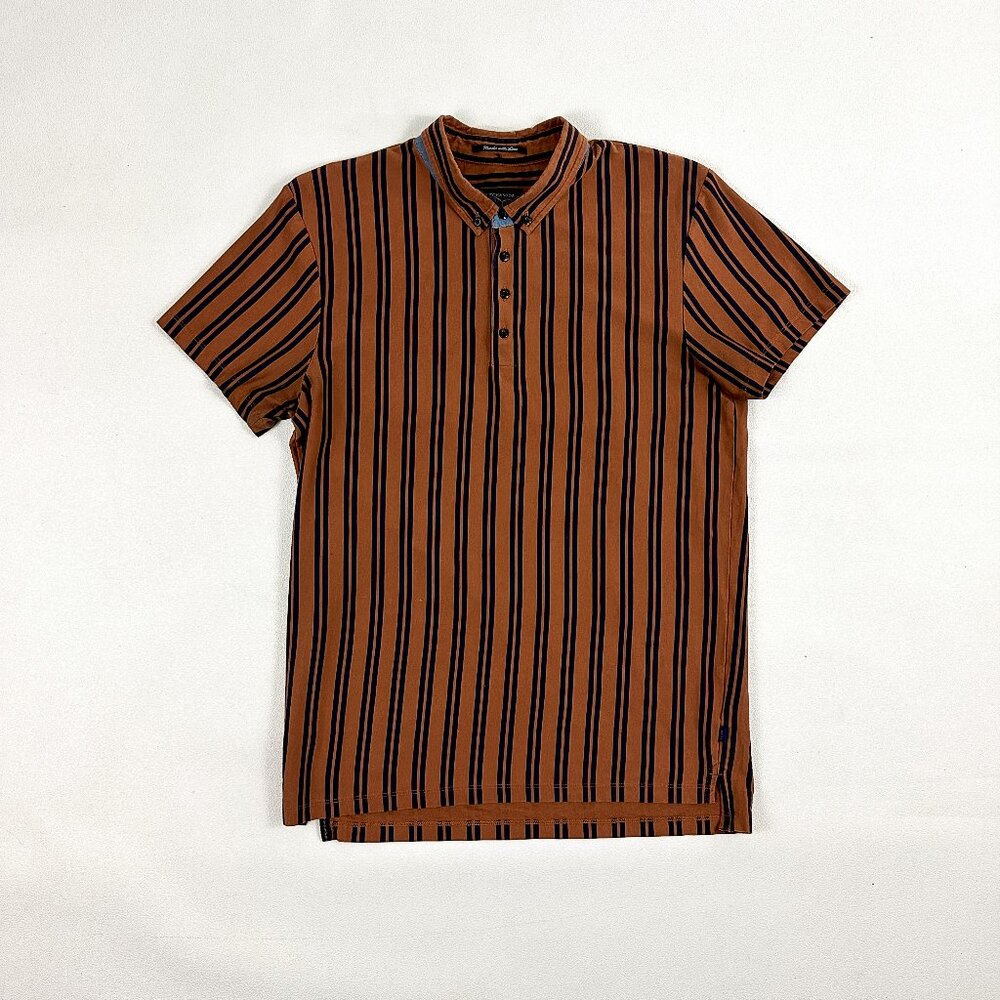 Scotch & Soda Orange Brown and Navy Blue Stripe Polo Shirt / Pullover / Medium